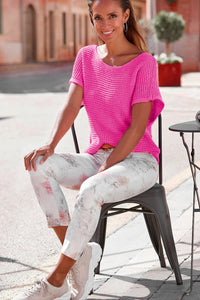 Bright Pink Knit Short-Sleeve Sweater