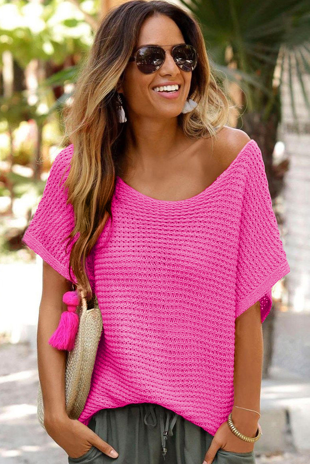 Bright Pink Knit Short-Sleeve Sweater