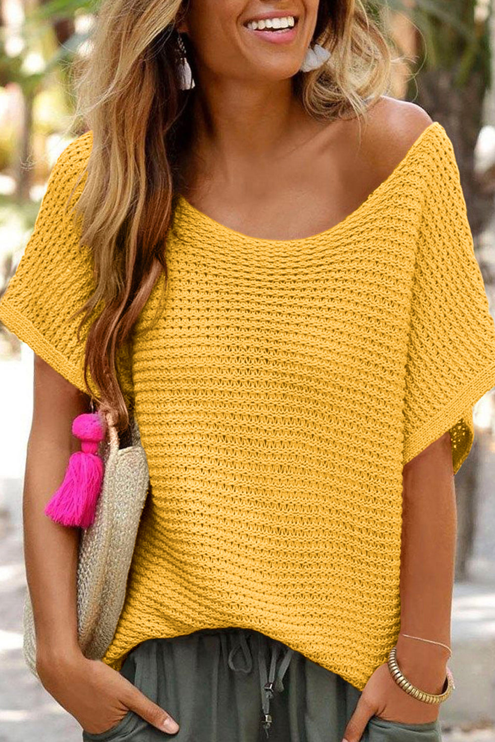Gold Knit Short-Sleeve Sweater