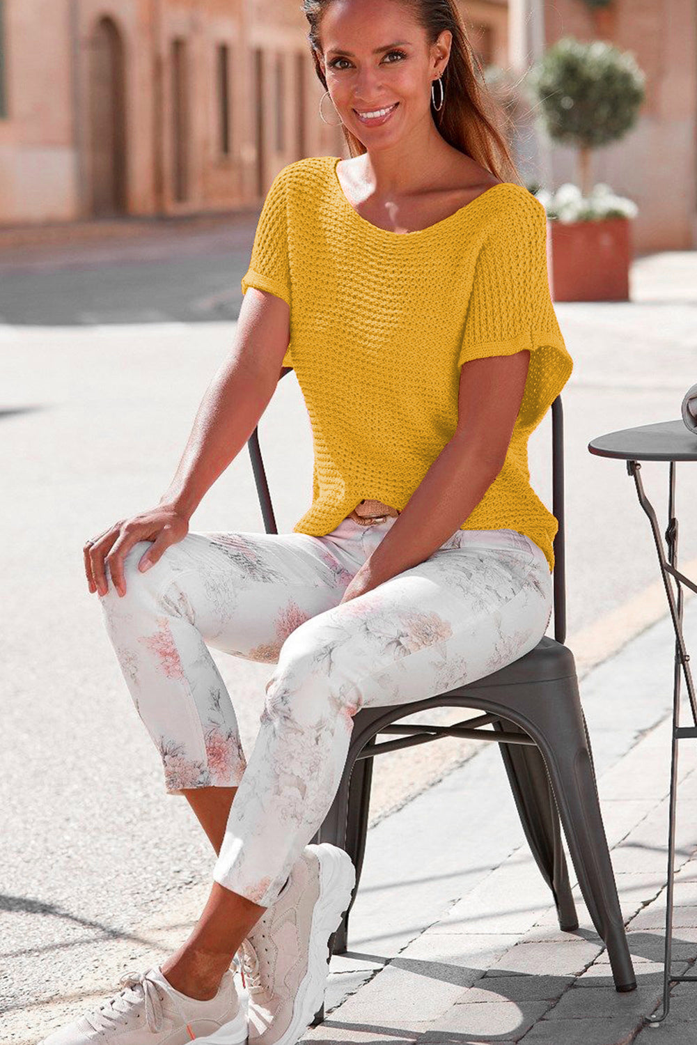 Gold Knit Short-Sleeve Sweater