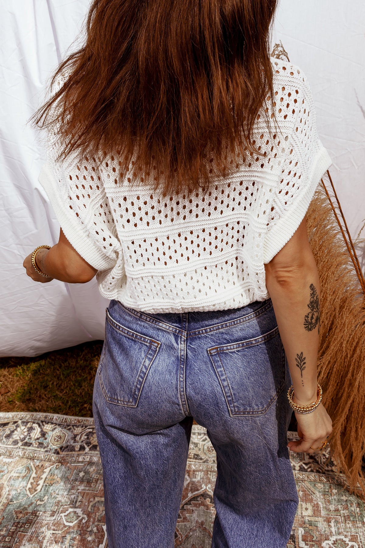 Boho Knit (Off White) Relaxed Fit Short Sleeve Sweater