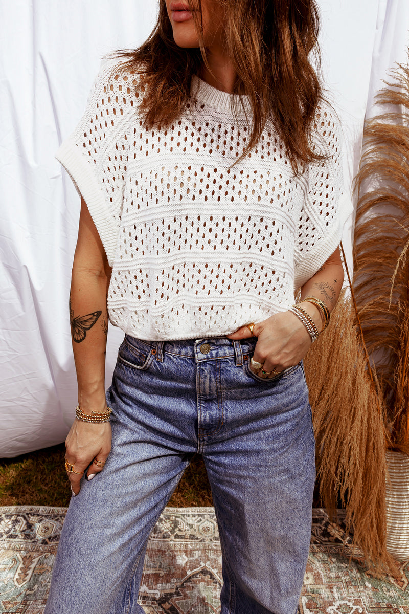 Boho Knit (Off White) Relaxed Fit Short Sleeve Sweater