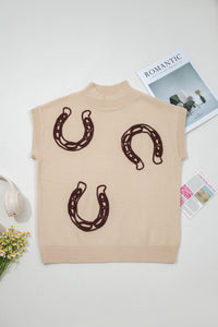 Ribbed Mock Neck Horseshoe Short Sleeve Sweater