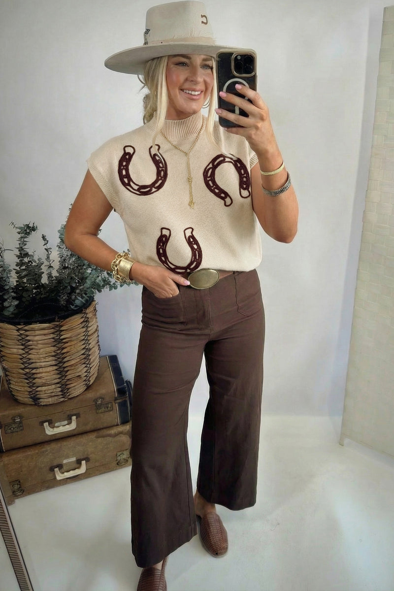 Ribbed Mock Neck Horseshoe Short Sleeve Sweater