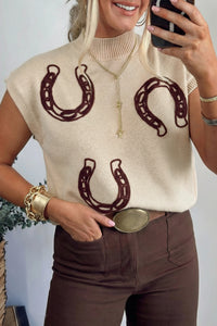 Ribbed Mock Neck Horseshoe Short Sleeve Sweater