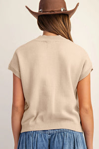 Ribbed Mock Neck Horseshoe Short Sleeve Sweater