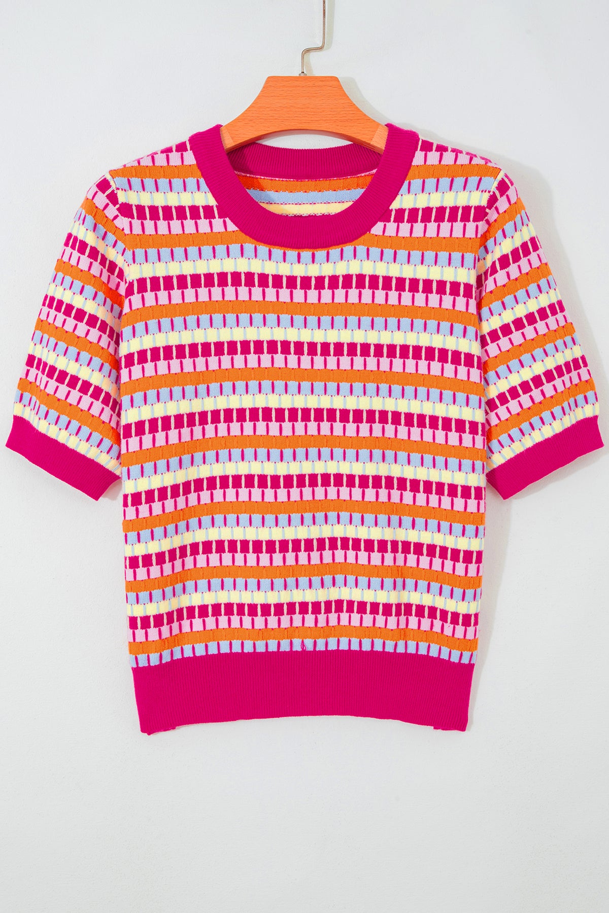 Pink Multi-Color Knit Short Sleeve Lightweight Sweater