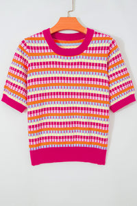 Pink Multi-Color Knit Short Sleeve Lightweight Sweater