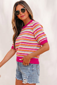 Pink Multi-Color Knit Short Sleeve Lightweight Sweater