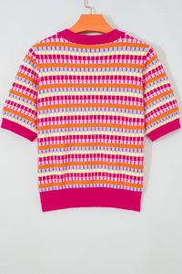 Pink Multi-Color Knit Short Sleeve Lightweight Sweater