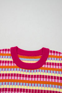 Pink Multi-Color Knit Short Sleeve Lightweight Sweater