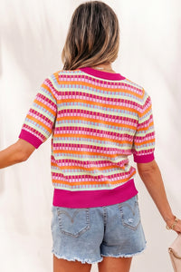 Pink Multi-Color Knit Short Sleeve Lightweight Sweater