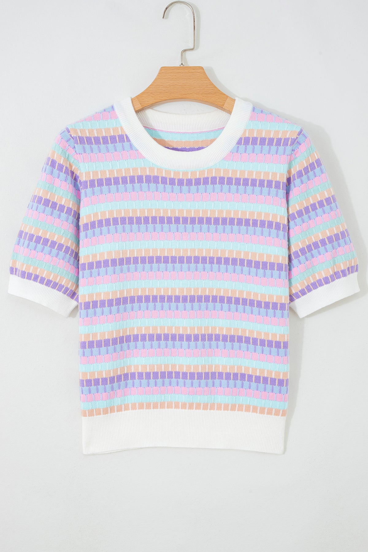 Purple Multi-Color Knit Short Sleeve Lightweight Sweater