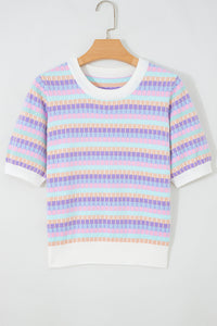 Purple Multi-Color Knit Short Sleeve Lightweight Sweater