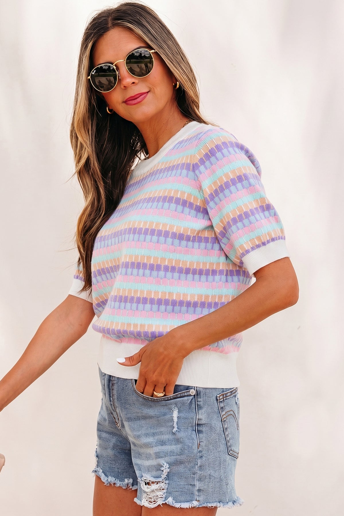 Purple Multi-Color Knit Short Sleeve Lightweight Sweater