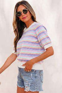 Purple Multi-Color Knit Short Sleeve Lightweight Sweater
