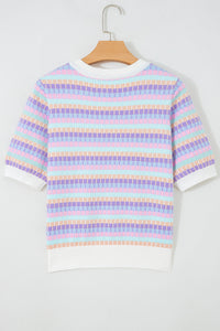 Purple Multi-Color Knit Short Sleeve Lightweight Sweater