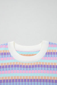 Purple Multi-Color Knit Short Sleeve Lightweight Sweater