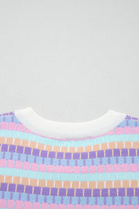 Purple Multi-Color Knit Short Sleeve Lightweight Sweater