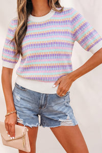 Purple Multi-Color Knit Short Sleeve Lightweight Sweater