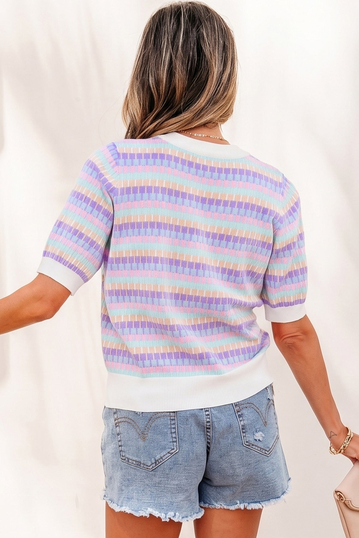 Purple Multi-Color Knit Short Sleeve Lightweight Sweater