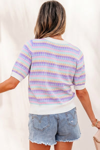 Purple Multi-Color Knit Short Sleeve Lightweight Sweater
