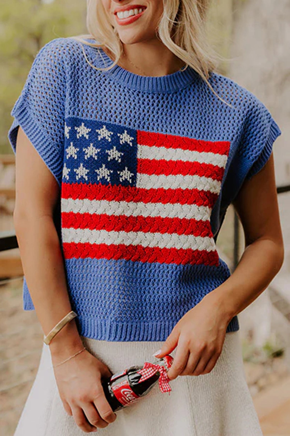 Blue American Flag Knit Short Sleeve Top