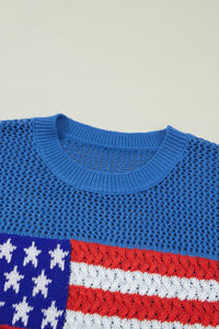 Blue American Flag Knit Short Sleeve Top