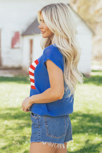 Blue American Flag Knit Short Sleeve Top