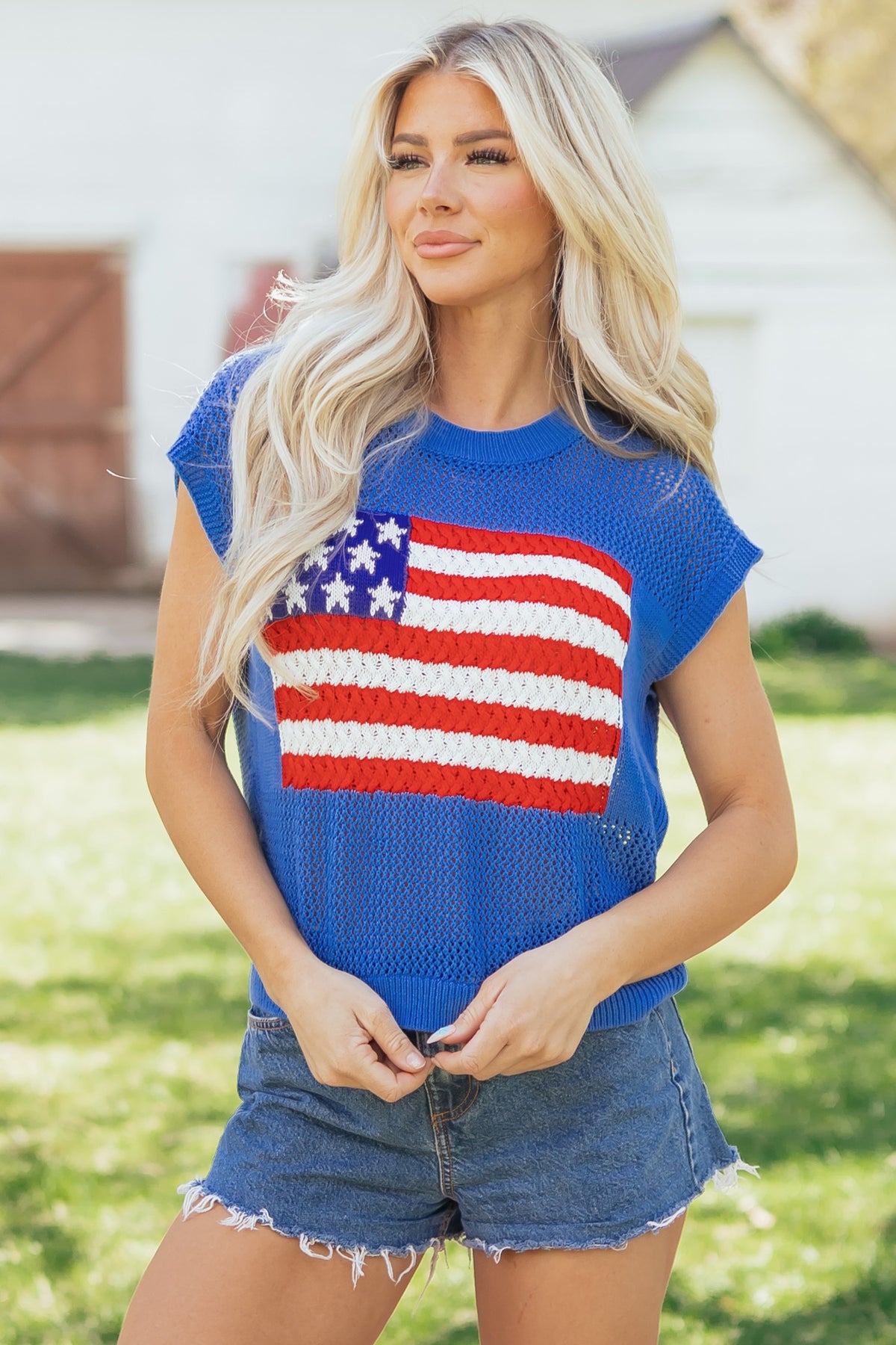 Blue American Flag Knit Short Sleeve Top