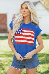 Blue American Flag Knit Short Sleeve Top
