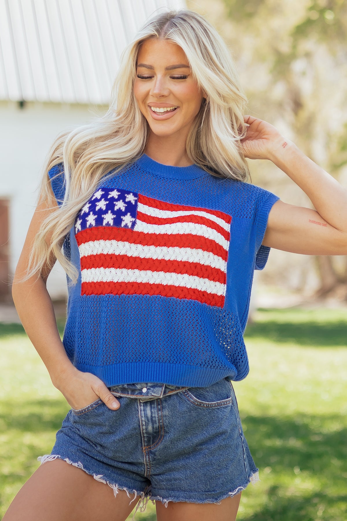 Blue American Flag Knit Short Sleeve Top