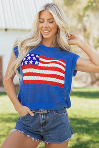 Blue American Flag Knit Short Sleeve Top