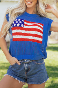 Blue American Flag Knit Short Sleeve Top