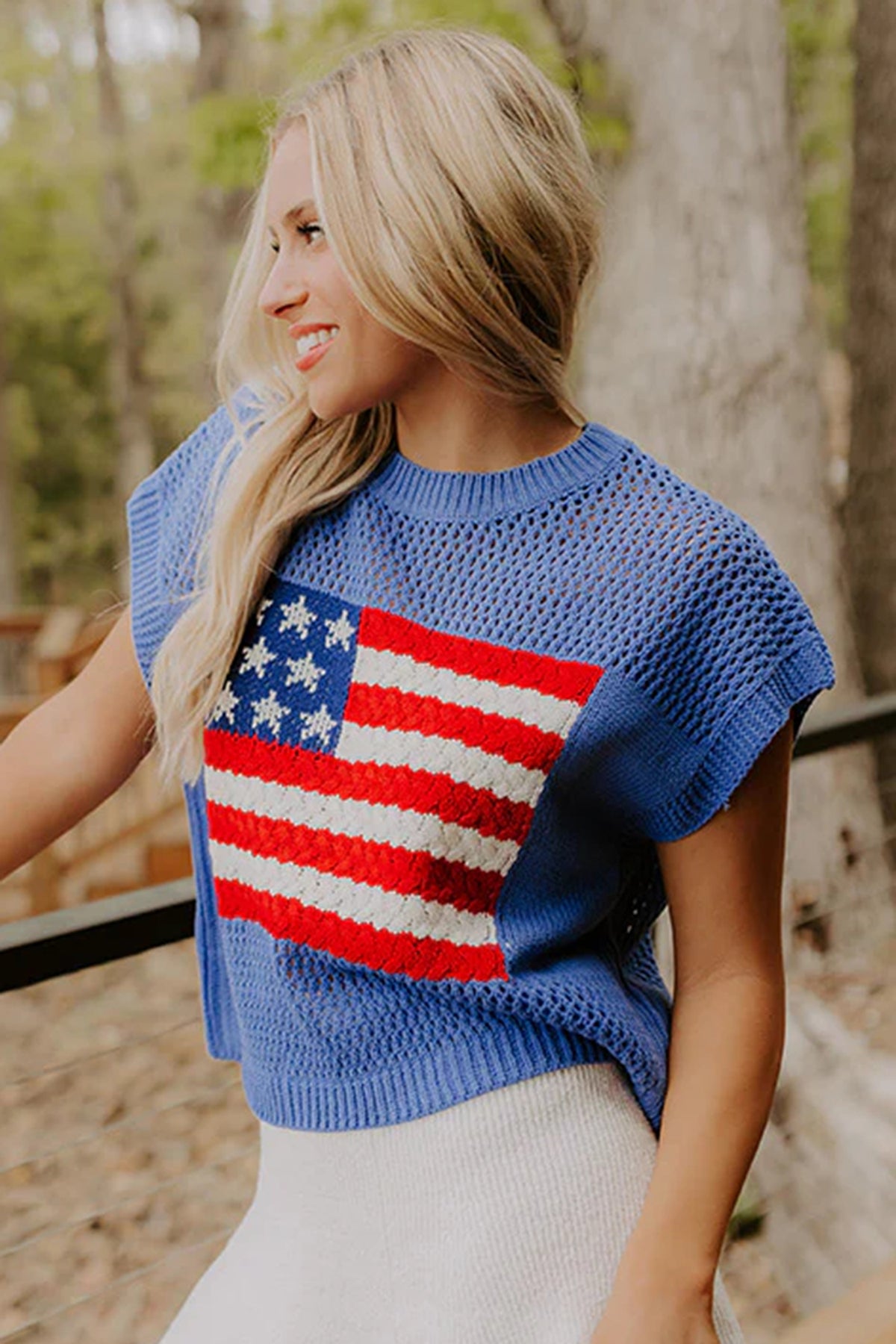 Blue American Flag Knit Short Sleeve Top