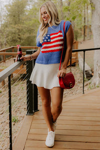 Blue American Flag Knit Short Sleeve Top