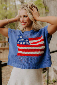Blue American Flag Knit Short Sleeve Top