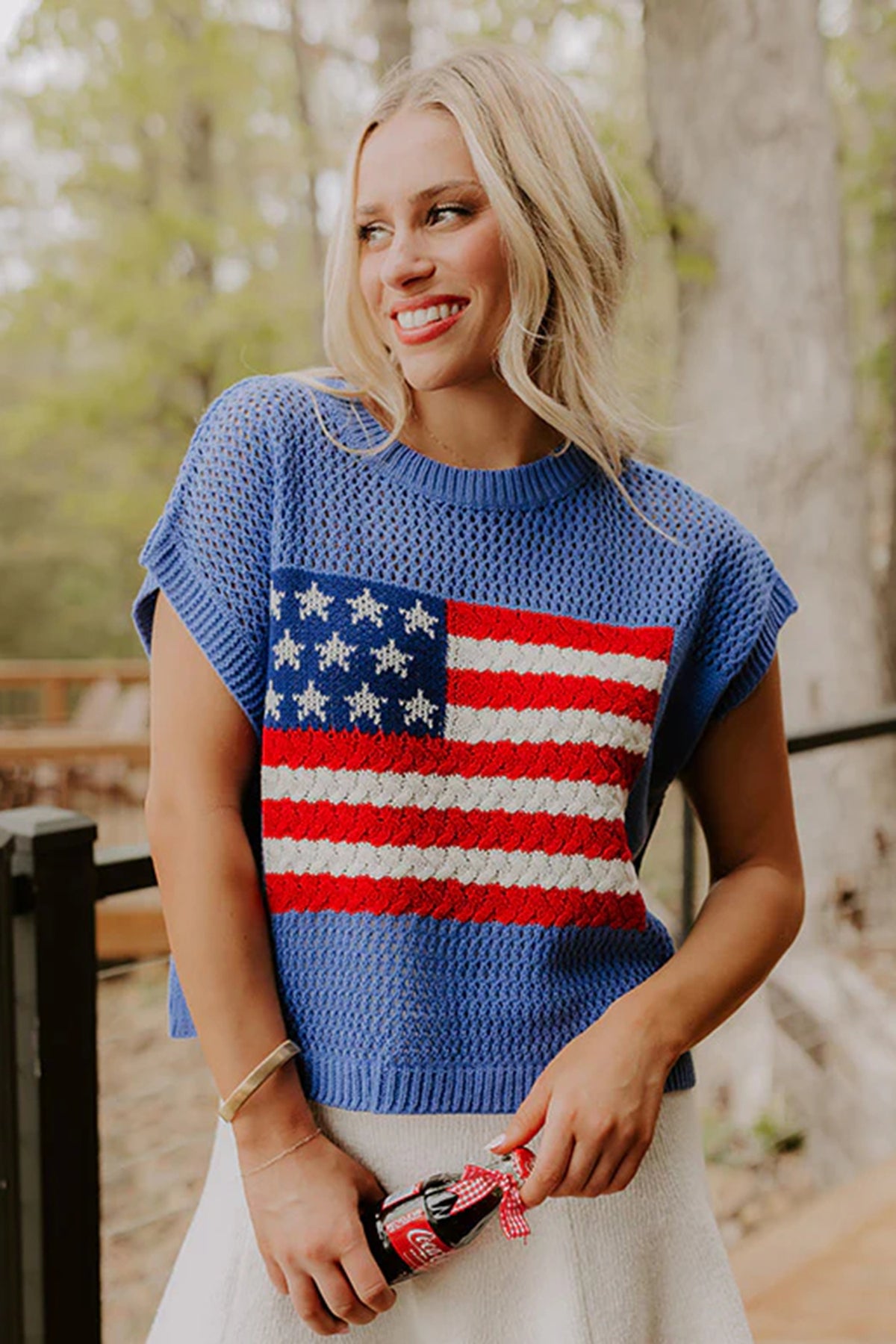 Blue American Flag Knit Short Sleeve Top