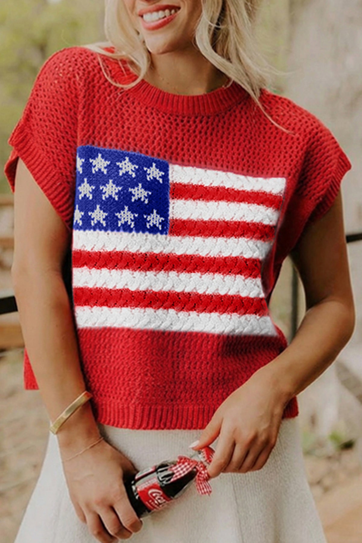 Bright Red American Flag Knit Short Sleeve Top