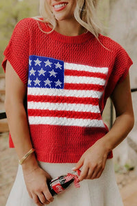 Bright Red American Flag Knit Short Sleeve Top