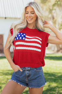 Bright Red American Flag Knit Short Sleeve Top