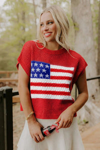Bright Red American Flag Knit Short Sleeve Top