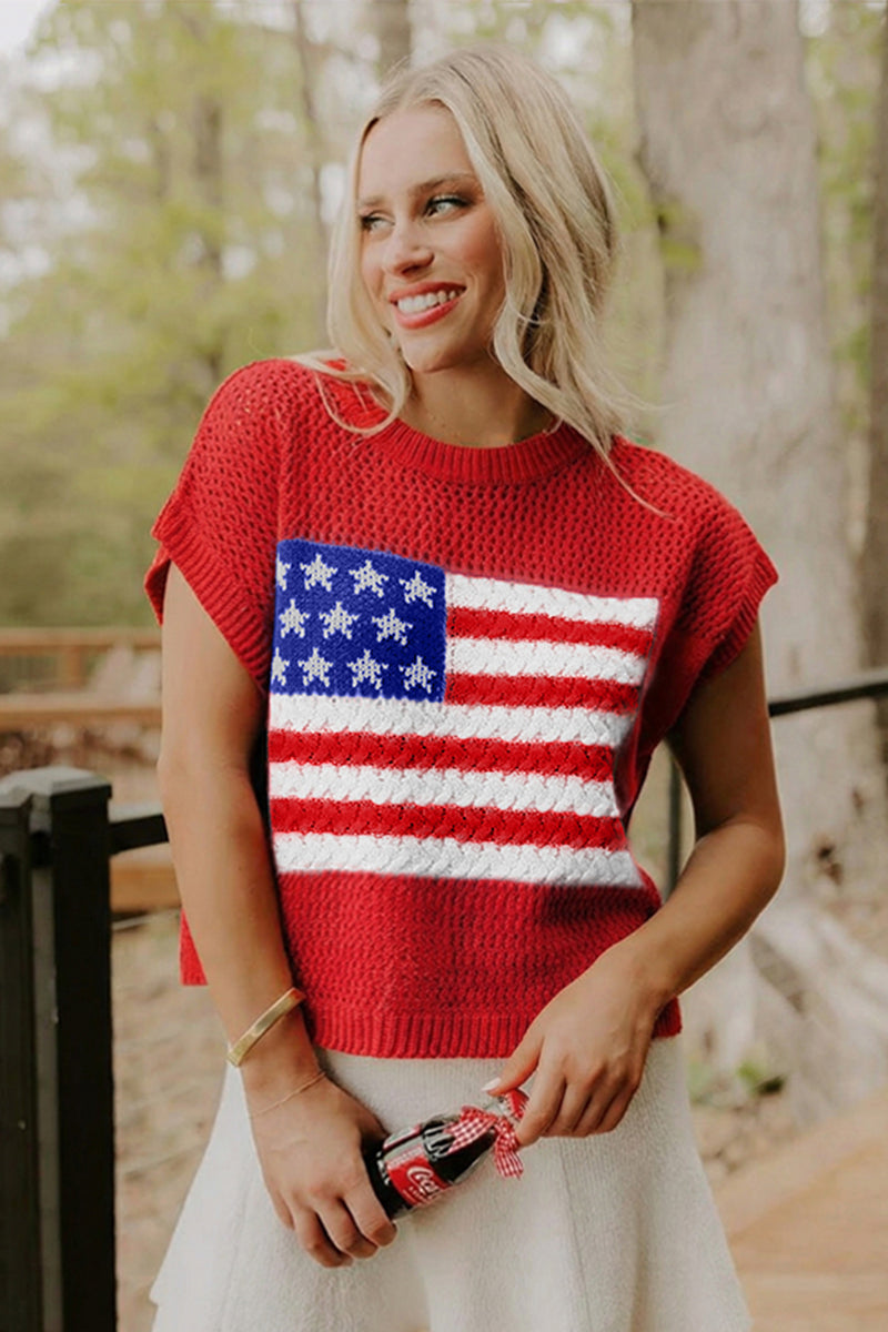 Bright Red American Flag Knit Short Sleeve Top