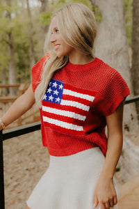 Bright Red American Flag Knit Short Sleeve Top