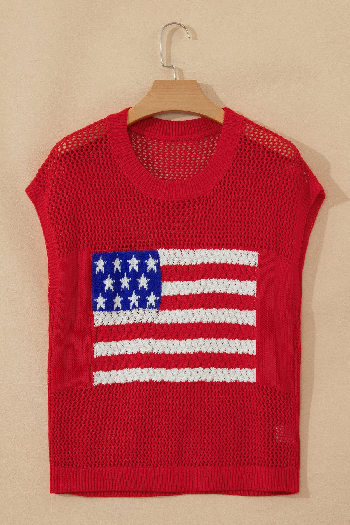 Bright Red American Flag Knit Short Sleeve Top