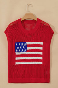 Bright Red American Flag Knit Short Sleeve Top