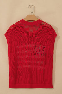 Bright Red American Flag Knit Short Sleeve Top