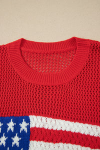 Bright Red American Flag Knit Short Sleeve Top