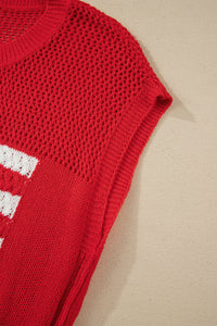 Bright Red American Flag Knit Short Sleeve Top