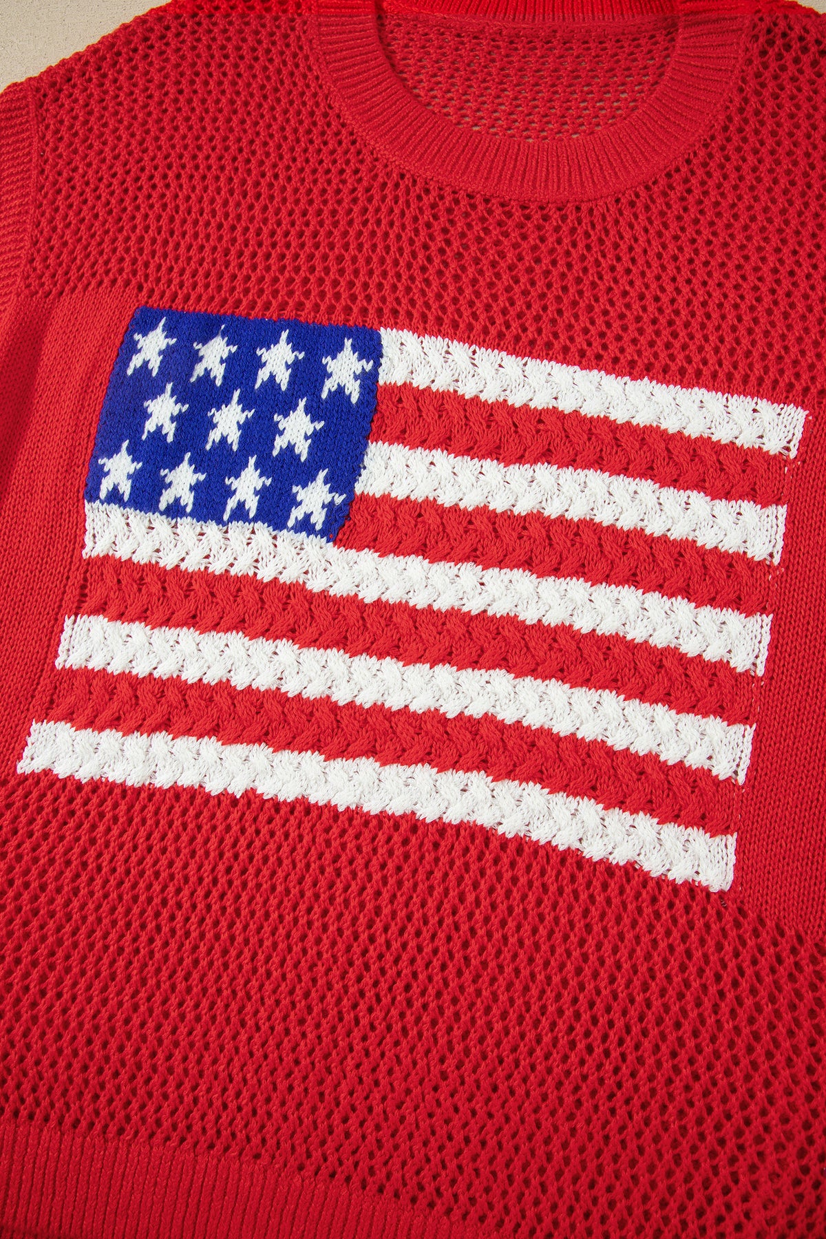 Bright Red American Flag Knit Short Sleeve Top